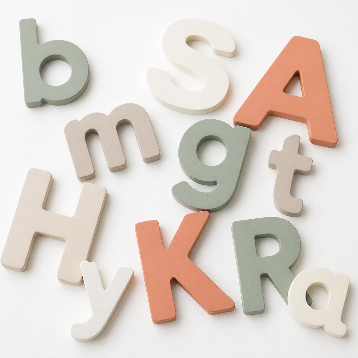 Tactile movable alphabet letters in muted coral, sage and sand arranged on a bright white surface